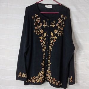 Arriviste Woman Black Cardigan Sweater w/ Shiny Gold Embroidery & Beads Size XXL